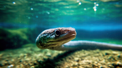 Close-up of a moray eel swimming in the water. Generative AI.