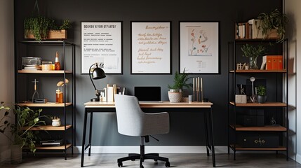 A professional home office design with a sleek glass desk, ergonomic chair, and a wall - mounted display showcasing inspiring quotes and visuals. generative ai
