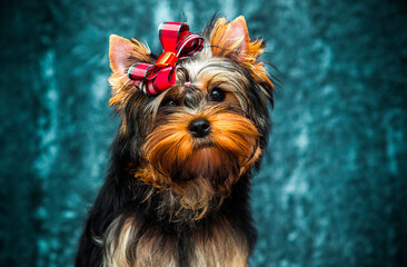 yorkshire terrier puppy in a red bow