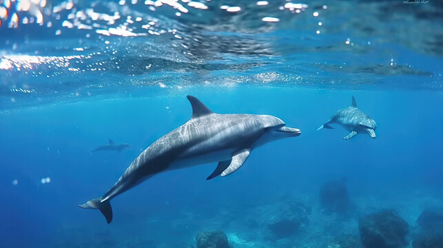 Dolphins swimming underwater in the ocean. Generative AI.
