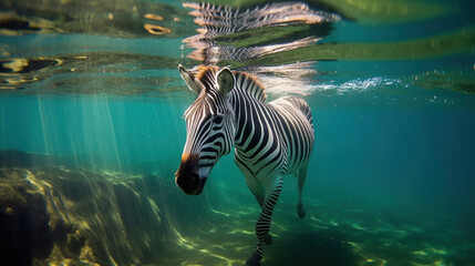 Fototapeta na wymiar Zebra swimming in the ocean, close-up of the animal. Generative AI.