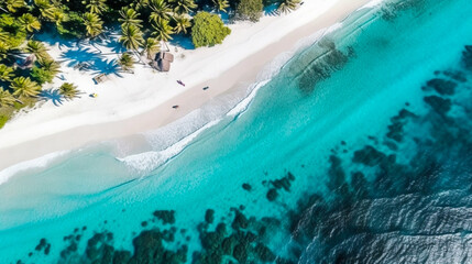 Beautiful sea or ocean shore with palm trees, sandy beach, Maldives coastline, view from the drone. Ai illustration, fantasy digital painting, Generative AI