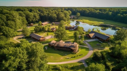 A serene meditation retreat center nestled in a peaceful natural setting, featuring meditation halls, tranquil gardens, and cozy accommodations for spiritual retreats. generative ai - obrazy, fototapety, plakaty