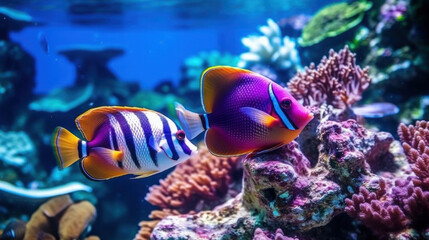 Colorful tropical fish swimming in the water. Underwater world. Generative AI.