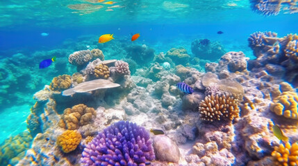 Naklejka na ściany i meble Underwater view of the coral reef, Tropical watersne life. Generative AI.
