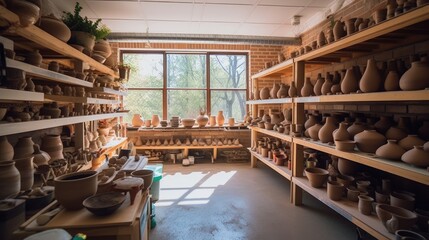 Obraz na płótnie Canvas A serene pottery studio with potter's wheels, shelves of clay pots, and a kiln for firing ceramics. The studio is a space for artists to shape their creations with their hands. generative ai