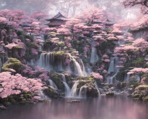 Japanese garden with waterfall creates with generative ai, ki