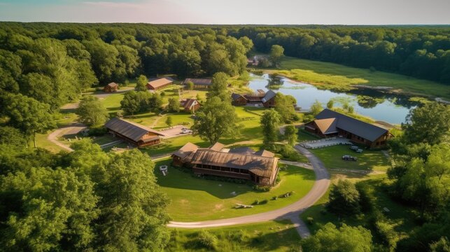 A serene meditation retreat center nestled in a peaceful natural setting, featuring meditation halls, tranquil gardens, and cozy accommodations for spiritual retreats. generative ai