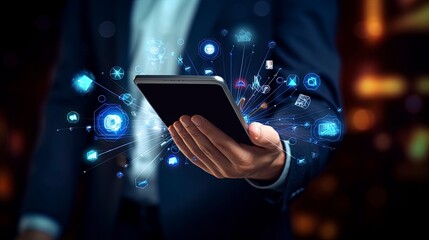 person connected to the web, global connection, finances, digital marketing, virtual reality, mobile, tablet, phone in hands,