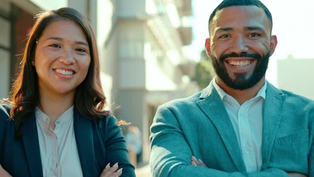 Gender equality, team and business people with crossed arms in city for partnership, pride and success. Professional, teamwork and portrait of happy man and woman for equity, equal salary and support