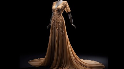 A stunning evening gown with intricate beadwork, flowing fabric, and a glamorous silhouette. generative ai