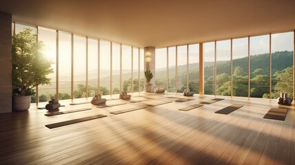 A peaceful yoga studio with soft lighting, bamboo flooring, and a panoramic view of a tranquil forest. generative ai