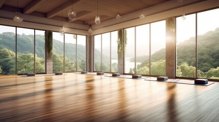 Naklejka premium A peaceful yoga studio with soft lighting, bamboo flooring, and a panoramic view of a tranquil forest. generative ai