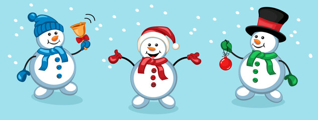 Collection of New Year snowmen, Christmas decorative elements, flat vector illustration.