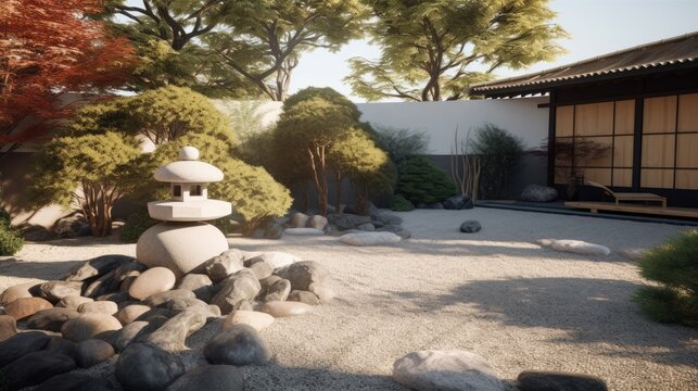 A tranquil Zen garden with meticulously raked gravel, lush bonsai trees, and a peaceful stone meditation bench. generative ai