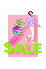 Advert poster banner collage of tourist lady go carry luggage rubber swim rings prepare summer...