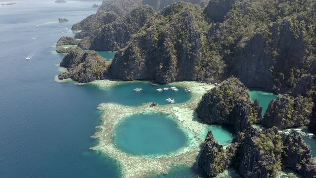 Drone shot of the Iconic Twin Lagoon in Coron Palawan in the Philippines