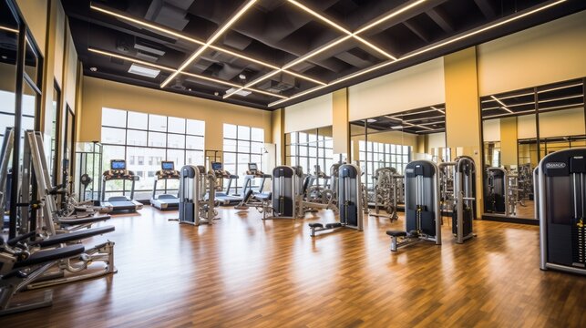 A well - equipped gym with state - of - the - art exercise machines, weights, and mirrors. The space is filled with energy as people work out, striving for their fitness goals. generative ai