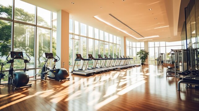 A well - equipped gym with state - of - the - art exercise machines, weights, and mirrors. The space is filled with energy as people work out, striving for their fitness goals. generative ai