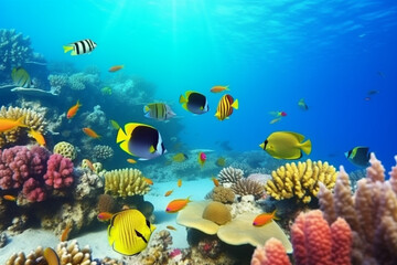 Naklejka na ściany i meble Underwater world, Coral reef and fishes in Red sea at Egypt