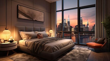 An elegant adult's bedroom with a plush bed, stylish decor, and large windows offering a serene view of the city. generative ai