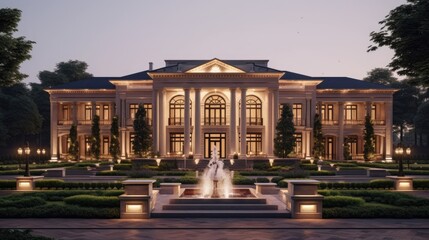 An elegant exterior design of a luxury mansion nestled amidst lush gardens, featuring a grand entrance with a sweeping driveway and imposing columns. generative ai - obrazy, fototapety, plakaty
