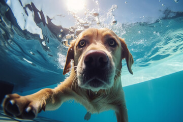 Underwater funny photo ofGolden labrador retriever puppy in swimming pool play with fun - jumping diving deep down, Actions training games with family pets and popular dog breeds on summer vacation - obrazy, fototapety, plakaty
