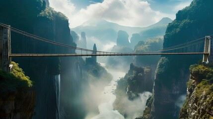 Fototapeta premium An engineering marvel featuring a breathtaking suspension bridge stretching across a deep canyon, with misty waterfalls cascading in the background. generative ai