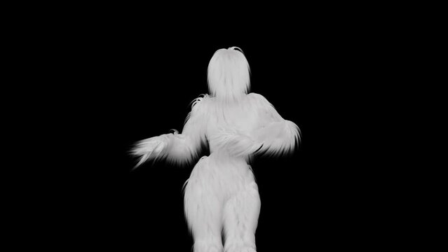 3d cartoon character hairy woman dancing on transparent alpha chennel, person wearing furry costume animation, modern funny mascot seamless loop looping minimal motion design.
