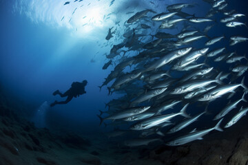 Fototapeta na wymiar School barracuda fish and scuba divers
