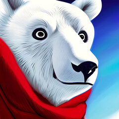 Polar bear in a red scarf drawing illustration close-up