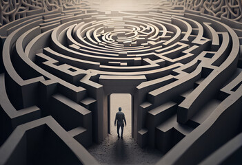 illustration of man in business suit lost in labyrinth and looking for an exit . AI
