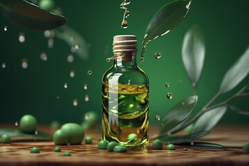 Natural eucalyptus essential oil in a glass bottle splash on green background, Organic fresh extracts medicinal leaves skincare , AI Generative