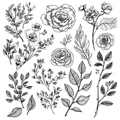 set of branch floral doodle. flower lineart, perfect for invitaion design