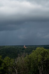 Vertical of a church in the middle of the dense forest with the rainy clouds in the background