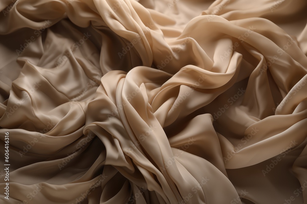 Poster wrinkled silk sheets, flowy beige fabric. generative ai