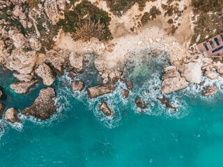 Aerial view of a rocky coastline in Malta