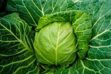 Fototapeta premium Bright green wet cabbage in closeup