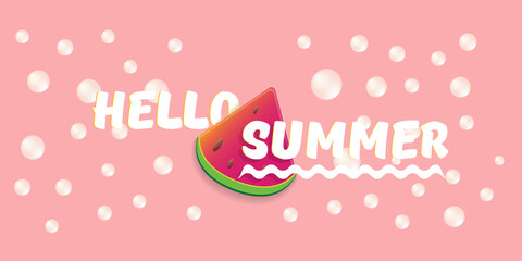 Vector Hello Summer Beach Party horizontal banner Design template with fresh watermelon slice isolated on pink background. Hello summer concept label or poster with fruit and typographic text.