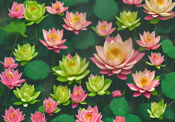 Lotus flowers in bokeh Kodachrome text space.