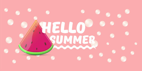 Vector Hello Summer Beach Party horizontal banner Design template with fresh watermelon slice isolated on pink background. Hello summer concept label or poster with fruit and typographic text.