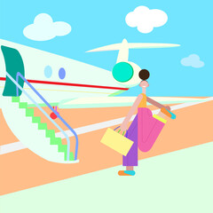 colorful vector illustration of a girl rushing to the plane to fly on vacation