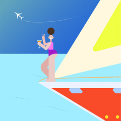 vector illustration of a girl on vacation resting on a yacht with a cocktail on a blue sea/ocean background. a white plane flies in the sky background
