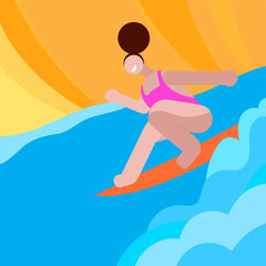 vector illustration  of a surfing girl in the sea/ocean, sunny sky, blue sea/ocean with waves