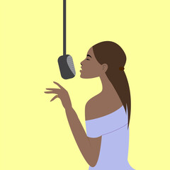 vector illustration of singing girl in a purple dress with a hanging microphone on a yellow background