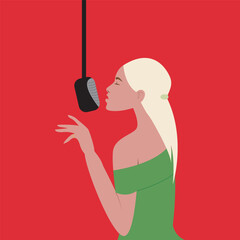 vector illustration of singing girl in a green dress with a hanging microphone on a red background