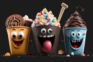 Cartoon smiling, crazy unhealthy and junk food splash, Assortment take out and fast foods selection characters on black background, AI Generative.