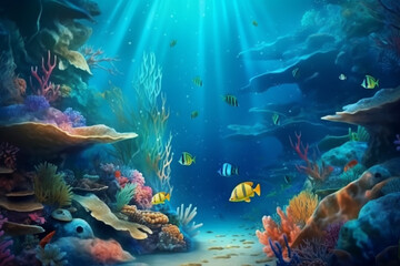 Fototapeta na wymiar Underwater Scene With Coral Reef And Exotic Fishes