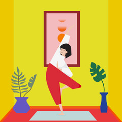 vector illustration. girl in a yoga pose is engaged in meditation at home against the background of yellow walls next to the flowers and the picture of the moon