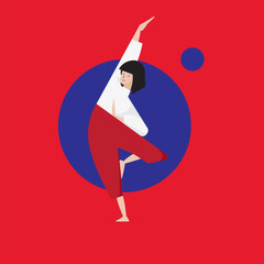 vector illustration of girl in yoga pose on a red background with a blue circle. meditation